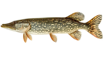 Naklejka premium Northern Pike: A detailed illustration of a Northern Pike, showcasing its streamlined body and distinctive markings. Ideal for educational or scientific purposes.