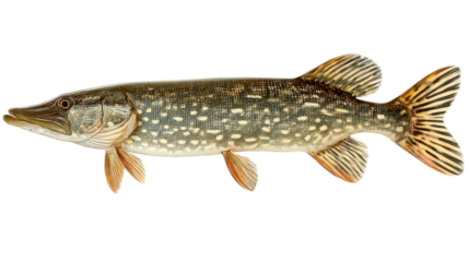 Northern Pike: A detailed illustration of a Northern Pike, showcasing its streamlined body and distinctive markings. Ideal for educational or scientific purposes.
