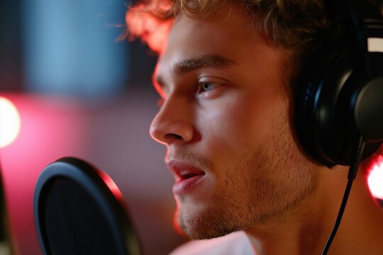 Young caucasian male recording vocals in music studio