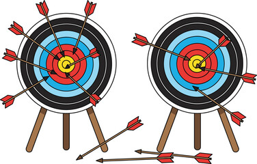 Colorful vector illustration of two archery targets on stands filled with many arrows for practice scenes