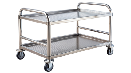 Stainless steel utility service cart with two shelves and wheels