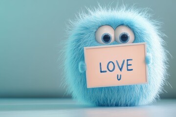 Whimsical Blue Fluffy Character Showing 'Love U' Message Board for Social Media Post or Digital Greeting