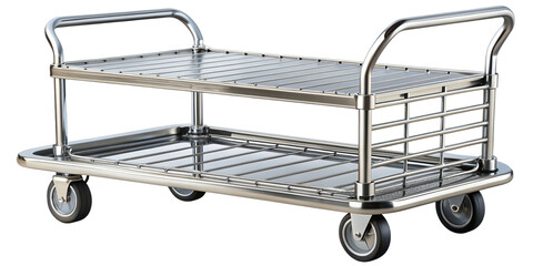 Clean shiny two-tier stainless steel utility cart with wheels