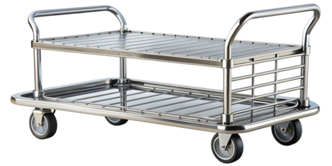 Clean shiny two-tier stainless steel utility cart with wheels