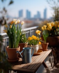 Obraz premium Sunlit balcony with potted tulips and daffodils against cityscape background