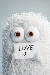 Cute Fluffy White Monster Character Holding 'Love U' Sign for Valentine's Day Greeting Concept