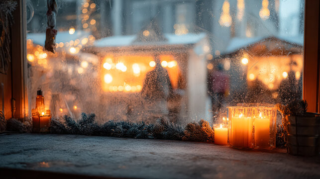 Candlelit scene viewed through a frosty window, showcasing a vibrant Christmas market atmosphere with soft glowing lights and festive decorations