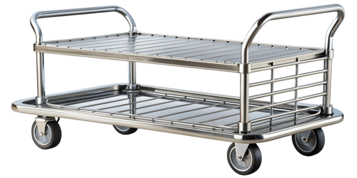 Clean shiny two-tier stainless steel utility cart with wheels