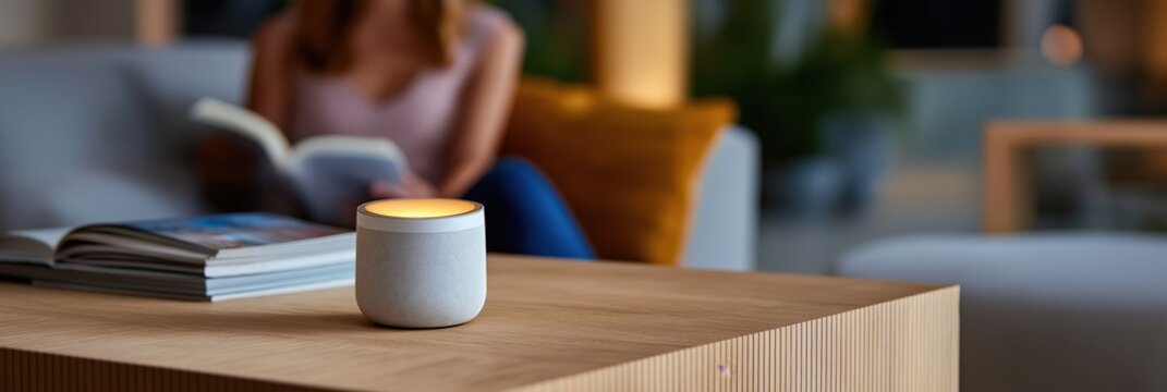 Smart speaker on table with female reading in cozy living room setting - Powered by Adobe