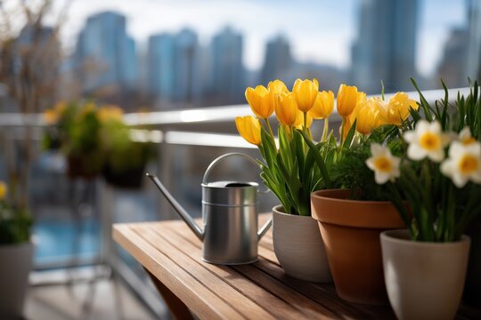 Yellow tulips and daffodils on balcony table with cityscape background