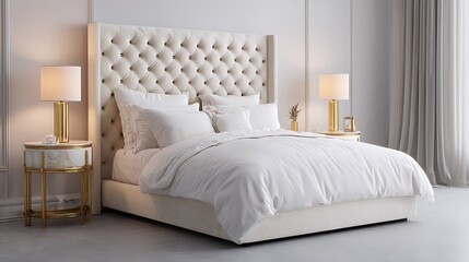 Luxury bedroom interior, king-size bed with white cotton bedding and tufted beige headboard, gold bedside lamps and marble nightstands