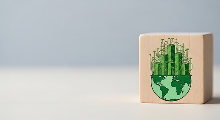 Sustainable global growth with green technology and environmental innovation visualized on a wooden block concept