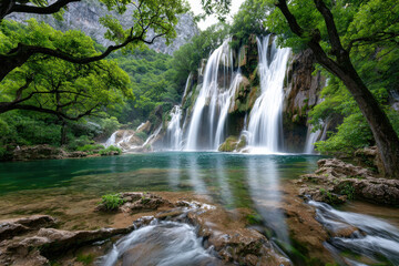 Obraz premium Majestic Waterfall Cascades into Turquoise Pool Surrounded by Lush Greenery