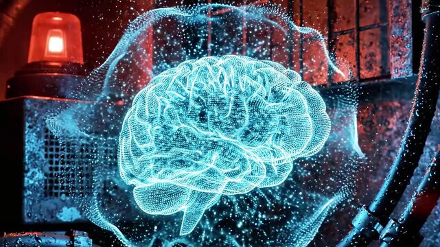 A glowing, digital brain, encircled by light, set in a sci-fi environment