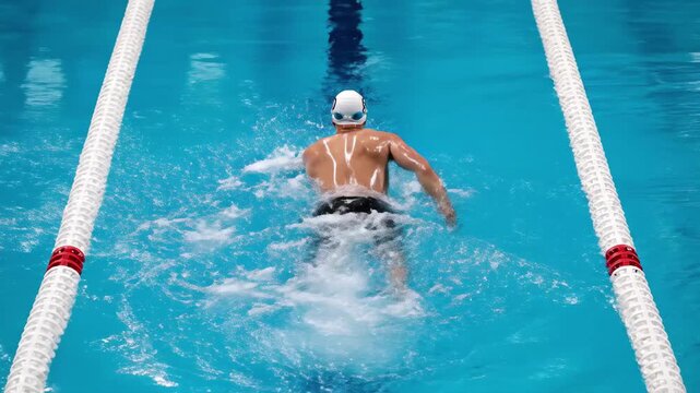 Swimmer taking a breath during a backstroke race in a pool, 4k