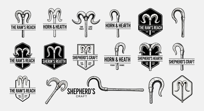 Collection of Vintage Logos Featuring Ram Horns and Shepherd's Crooks in Black and White
