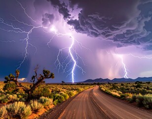 Dramatic lightning storm over a desert landscape, with a dirt road in the foreground