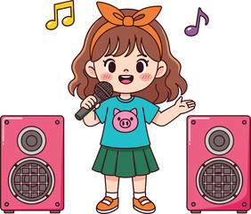 A cute cartoon girl character with a microphone singing cheerfully between two large pink retro-style speakers, illustrating karaoke fun, music performance, and playful audio entertainment concepts