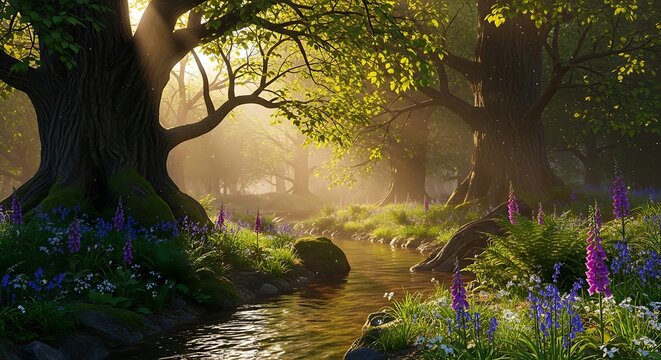 Forest stream with sunrays through green tree canopy