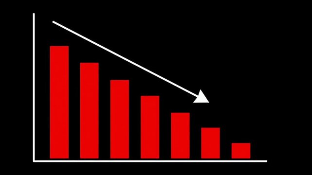 Minimalist Red Bar Chart Decline with White Arrow on Plain Black Background