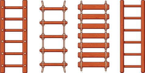 A realistic vector set of four different wooden climbing ladders, including fixed rung and flexible rope ladders, perfect for playground designs, adventure themes, construction, and safety concepts.