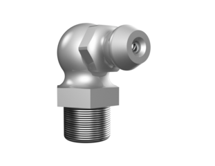 Silver 90-Degree Elbow Grease Zerk Fitting for Machinery Repair and Maintenance. A detailed, isolated 3D Render of this crucial Hydraulic Lubrication Component, ideal for heavy industrial equipment