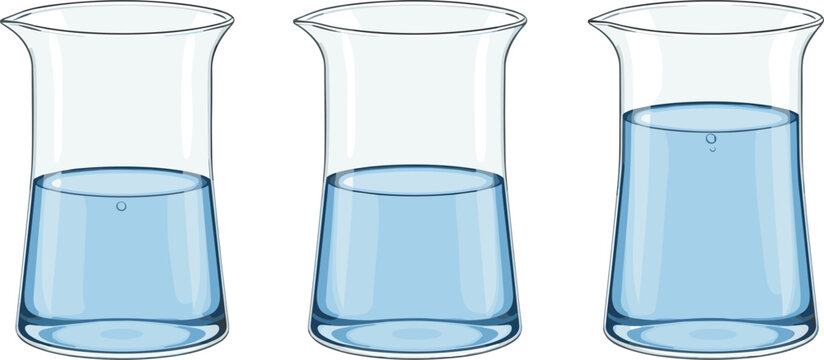 Set of three laboratory beakers with blue water at different levels illustrating volume and liquid capacity.