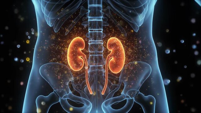Detailed 3D X-ray animation showcasing the human urinary system kidneys and ureters glowing with light and sparkling particles illustrating health and function
