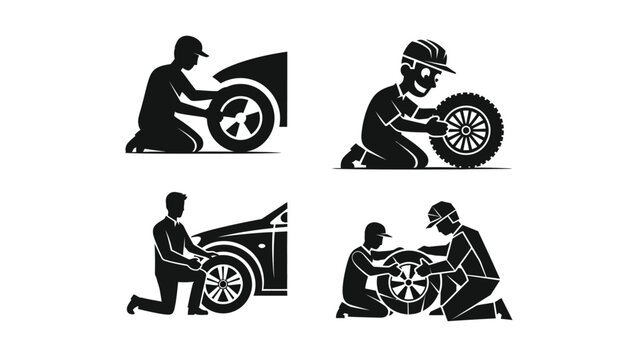 Illustrations of mechanics changing car tires, performing automotive repair and maintenance services - Powered by Adobe