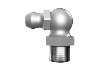 Silver 90-Degree Elbow Grease Zerk Fitting for Machinery Repair and Maintenance. A detailed,...