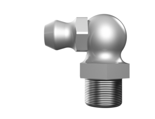 Silver 90-Degree Elbow Grease Zerk Fitting for Machinery Repair and Maintenance. A detailed, isolated 3D Render of this crucial Hydraulic Lubrication Component, ideal for heavy industrial equipment