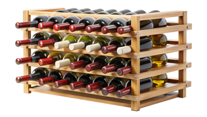 Wooden wine rack filled with various red and white wine bottles