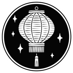 Fototapeta premium Monochrome vector icon of a traditional Chinese lantern with tassel and stars in a circle emblem