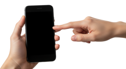 Hands holding a smartphone with blank screen and a finger tapping isolated cutout transparent png