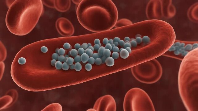 Microscopic view of red blood cells and platelets flowing through a blood vessel, illustrating blood flow and circulatory system functions with high detail