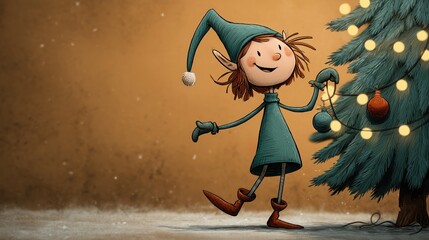 Lutin de No?l joyeux d?corant un sapin illumin? dans la neige