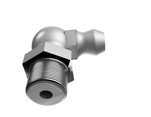 Silver 90-Degree Elbow Grease Zerk Fitting for Machinery Repair and Maintenance. A detailed, isolated 3D Render of this crucial Hydraulic Lubrication Component, ideal for heavy industrial equipment
