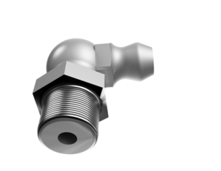 Silver 90-Degree Elbow Grease Zerk Fitting for Machinery Repair and Maintenance. A detailed, isolated 3D Render of this crucial Hydraulic Lubrication Component, ideal for heavy industrial equipment