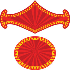 A vibrant vector set of two red retro-style banners, one curved and one oval, illuminated by yellow marquee lights, perfect for circus, theater, casino, and grand opening sign designs.