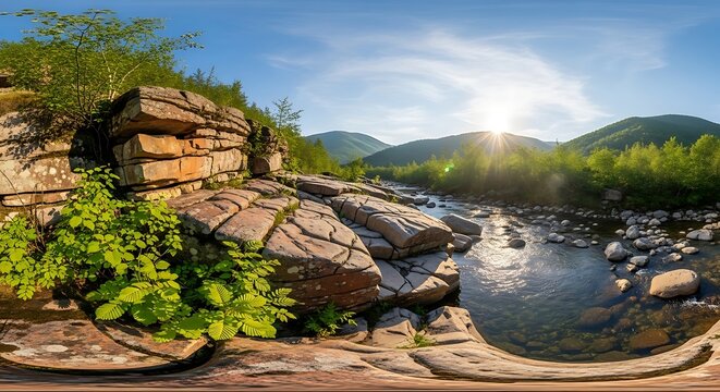 Panoramic river landscape with mountains and rocky shore - Powered by Adobe