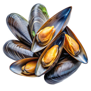 Steamed cooked mussels seafood dish with herb garnish on isolated.