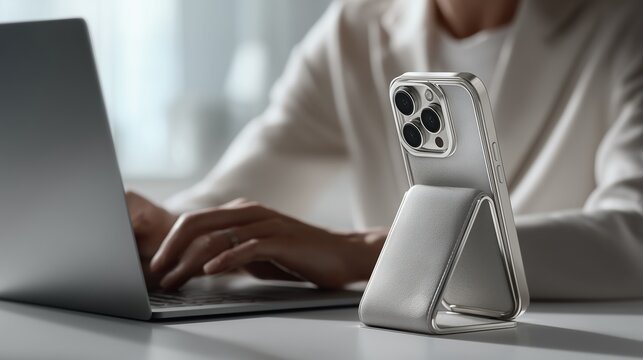 Smartphone dans &eacute;tui transparent avec support sur bureau moderne