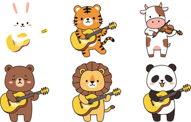 An adorable collection of six cartoon animal characters playing various musical instruments, including the guitar and violin, perfect for children's designs, parties, and musical education graphics.