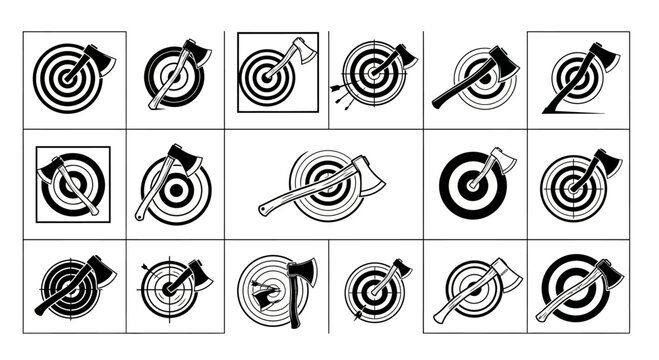 Axe throwing targets collection, vector set featuring various target designs with axes stuck in