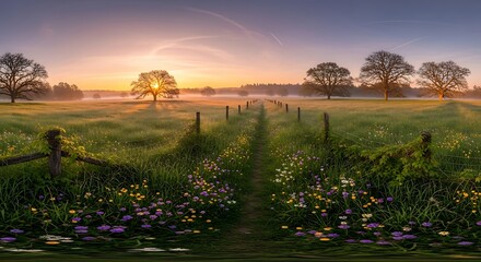 Rural path through wildflower meadow at sunrise