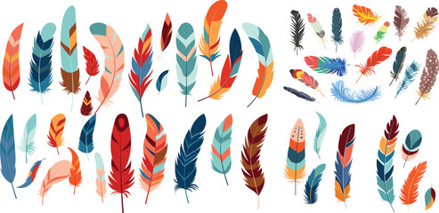 Colored Feathers Vector Set, Abstract Boho Tribal Ornament and Decorative Element Collection