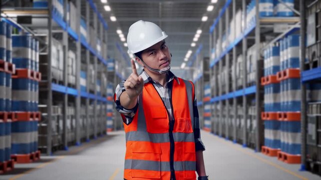 Asian Male Engineer With Safety Helmet Disapproving With No Index Finger Sign While Standing at Warehouse Aisle with Chemical or Oil Barrels on Pallet Racking