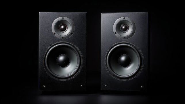 Minimalist studio shot of two loudspeakers separated by space on a black surface