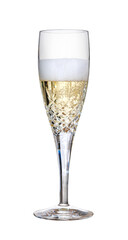 A champagne glass, flute, half full with fizzy wine as a birthday or New Year celebration with frothy fizzy bubbles isolated on a transparent background.