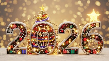 Festive 2026 numbers decorated with Christmas lights and ornaments